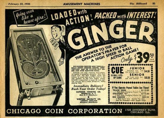 1936 Chicago Coin Ginger EM Pinball Machine Image