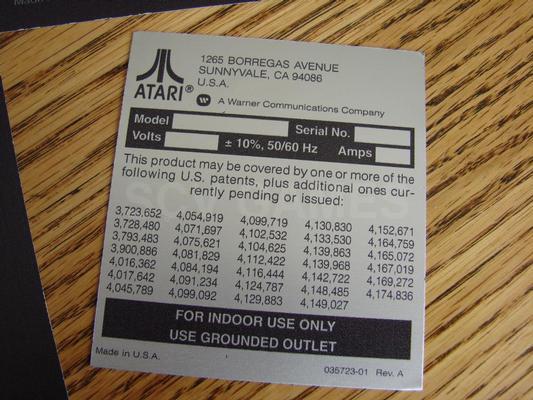 Atari Serial Number and Patents Decals Image