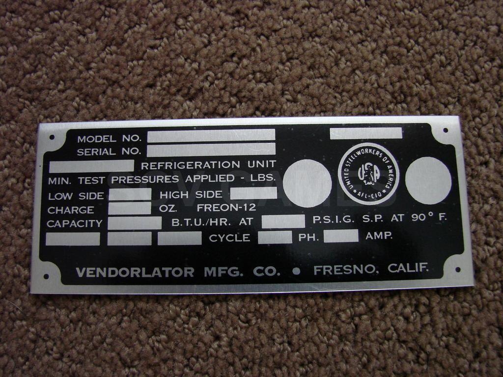 Serial Plate for 1950's & 1960's Vendorlator Model